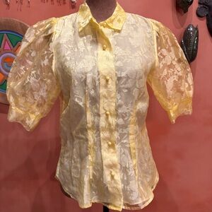 Yellow Lace Puff Sleeve Blouse Small